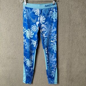 Nike Pro Floral Blue Training Leggings Girls XL Athleisure Gym‎ Sports Casual